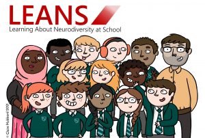 Diverse group of children standing in rows, as though posed for a school photograph. Red leans project logo is positioned over their heads.